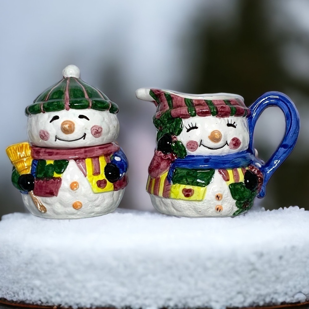 Vintage Snowman Cream Pitcher Sugar Bowl Set Artisan Ceramic Winter Christmas